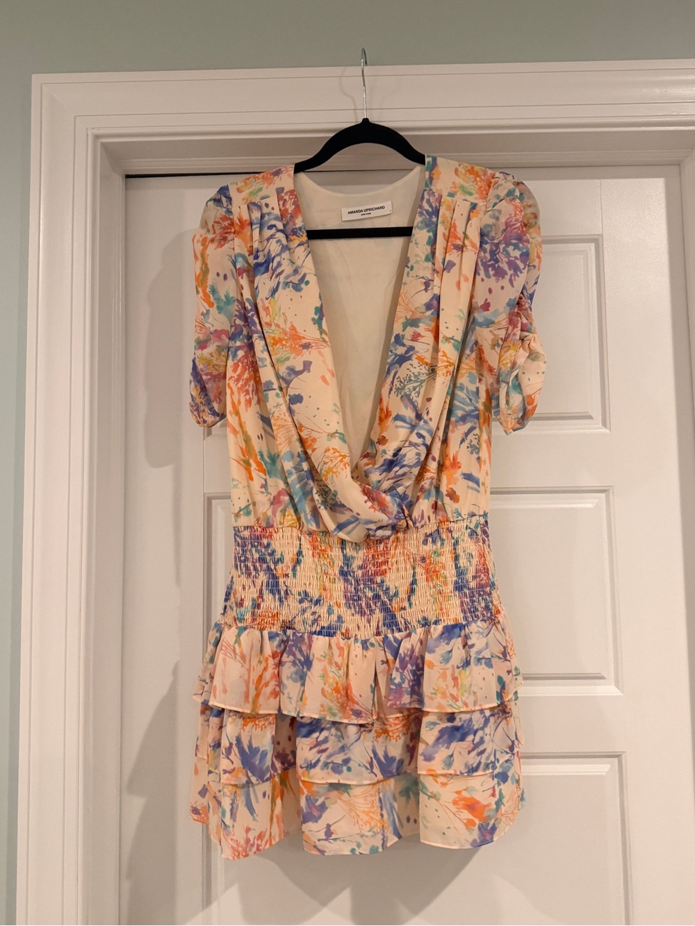 Amanda Uprichard ~ Floral Watercolor Tiered V-Neck Dress - Cream Multi